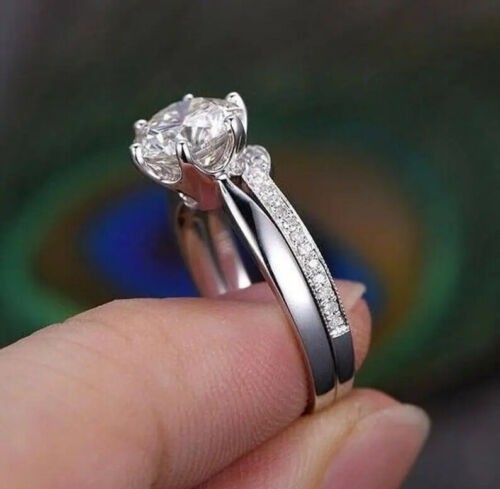 Round Cut 1.60 Ct Diamond Lab-Created Engagement Ring Set 925 Sterling Silver