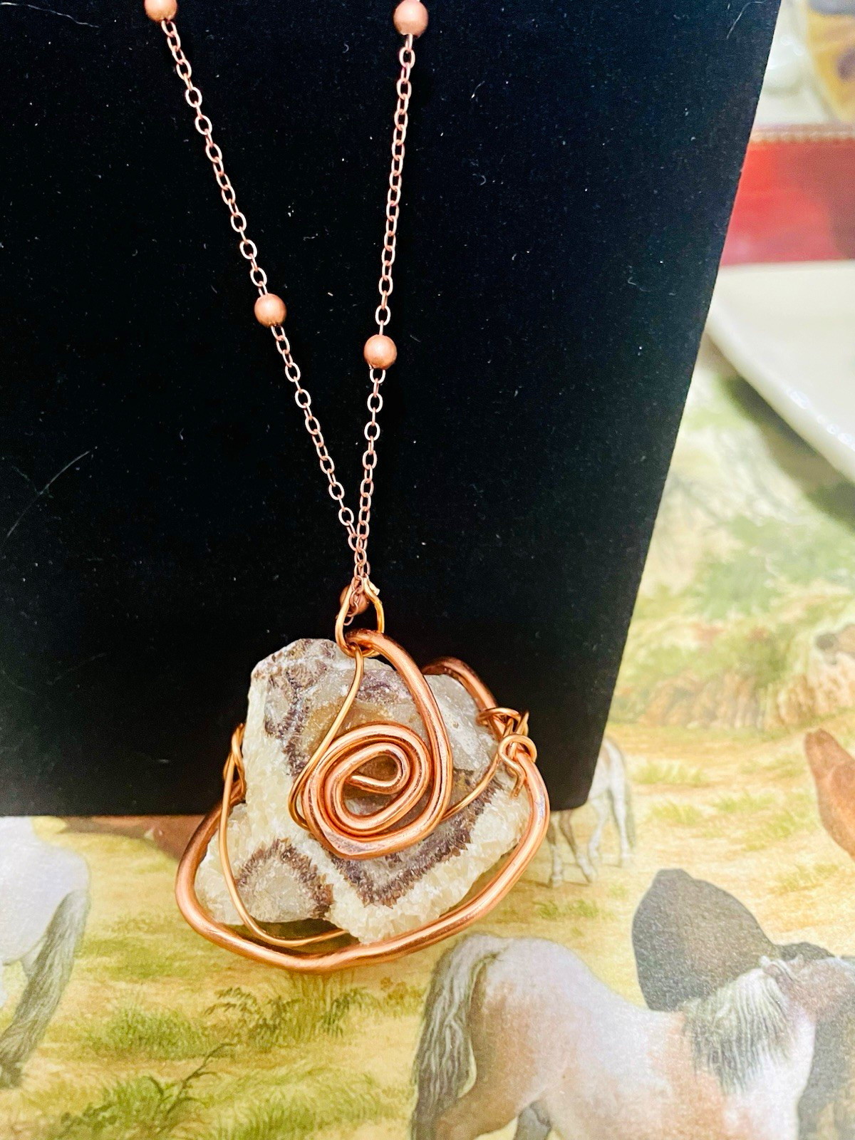 Copper Wire Wrapped Rough Multicolor Septarion stone necklace.