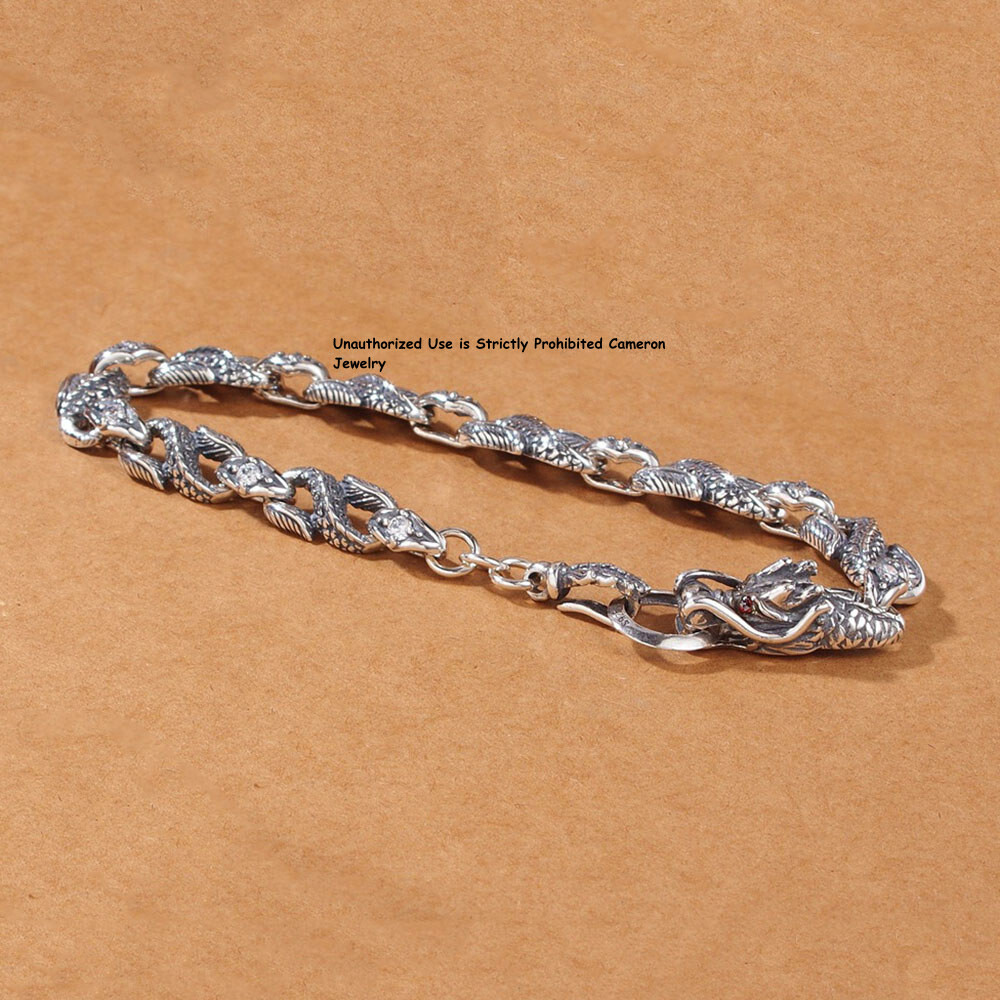 Pure S925 Sterling Silver Chain Men Women 4mm Dragon Link Bracelet 7.1-7.9in