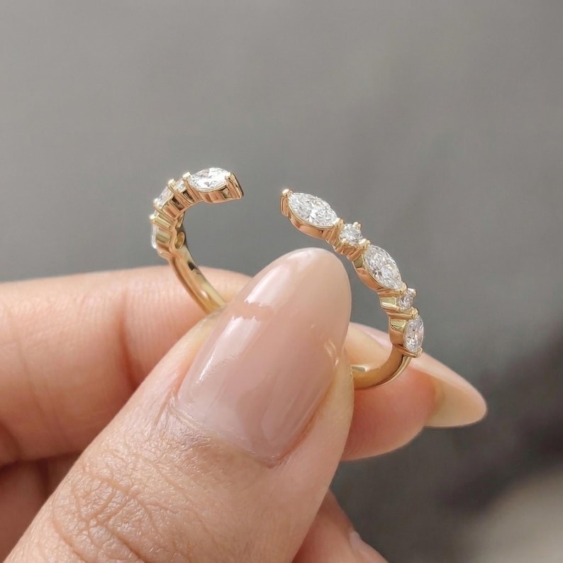 Marquise & Round Cut Moissanite 14K Gold Open Cuff Wedding Band, Gift For Her