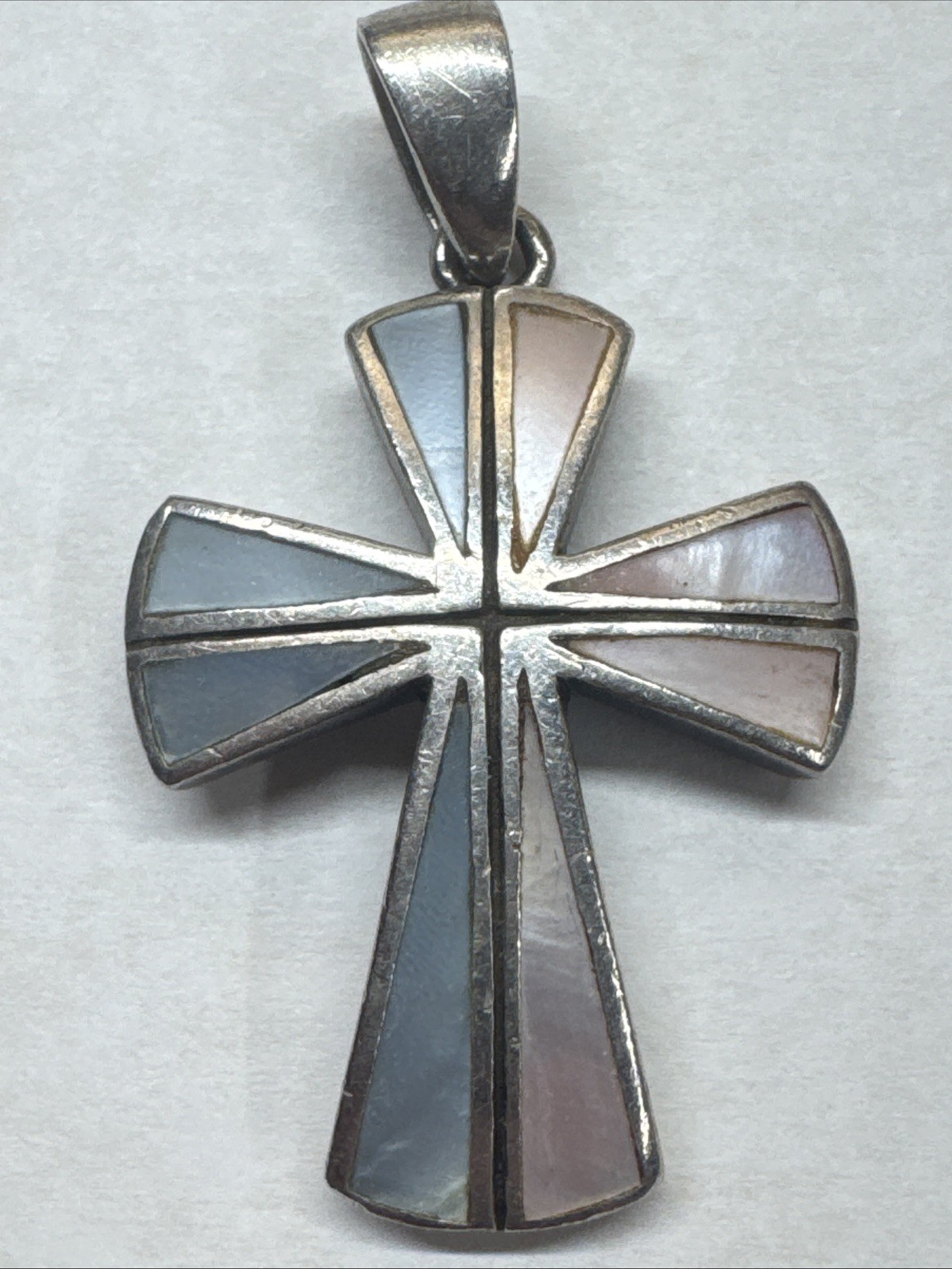 Ankh Genuine Pink and Blue Mother of Pearl Cross 925 Sterling Silver Pendant