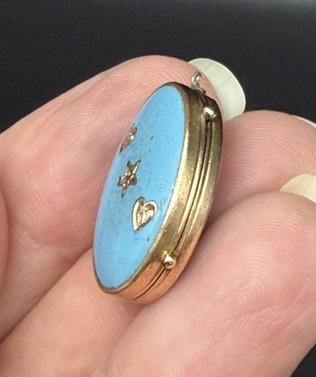 Antique Victorian Blue Robins Egg Enamel Hearts & Star Gold Filled Locket