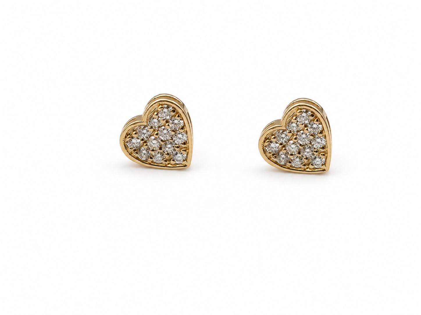 14k Yellow Gold and White Diamond Pave Set Heart Stud Earrings