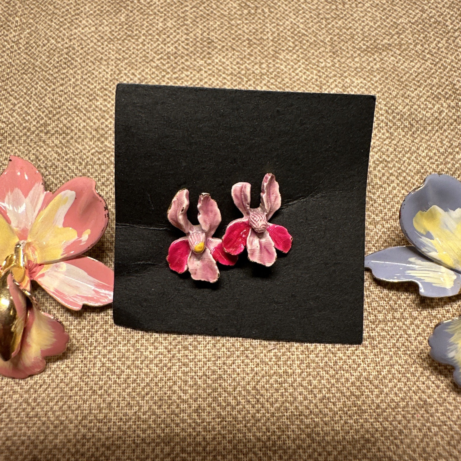 Vintage Pink and Blue Orchid Set w Gold Trim Flower Pierced Earrings Pendant