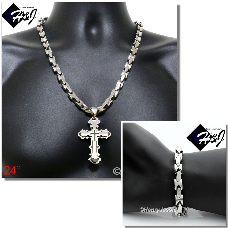 24″Stainless Steel 8mm Silver Interlock Bone Necklace Bracelet Cross Pendant*B72