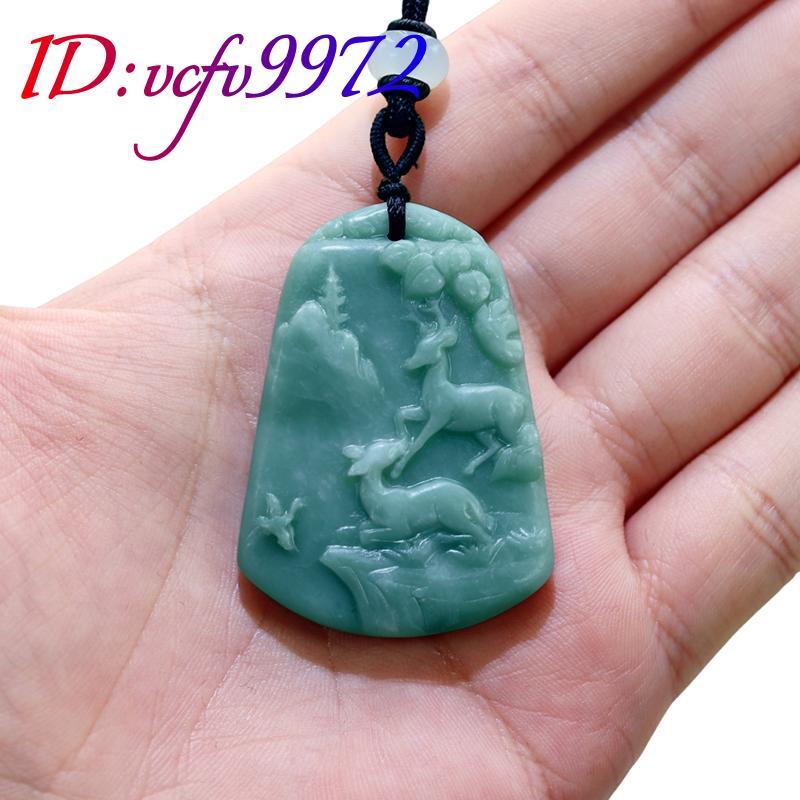 Green Real Jade Deer Pendant Necklace Natural Jewelry Carved Amulet
