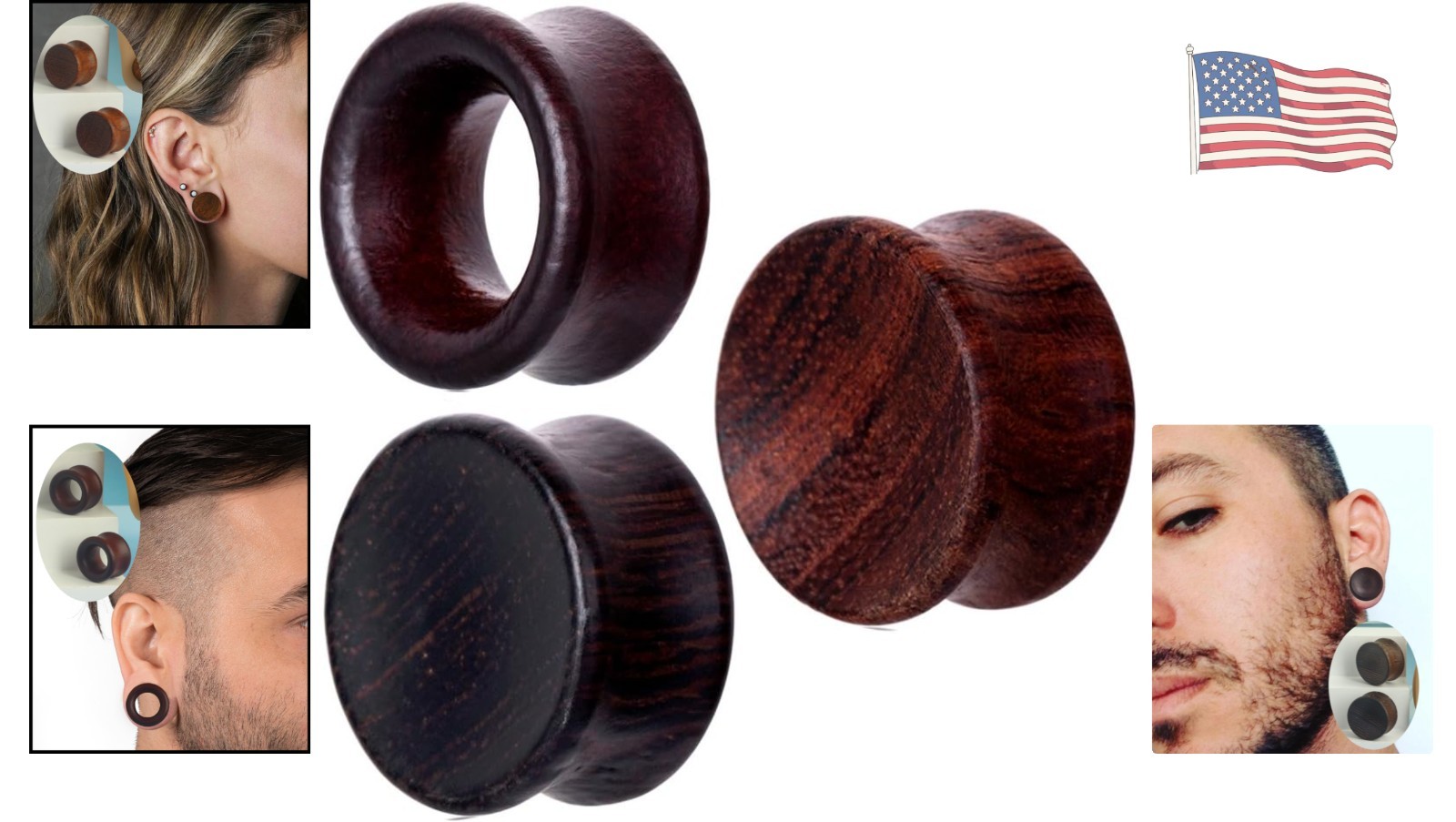 Elegant 3 Pairs of Wooden Ear Gauges, Double Flared – Natural Fashion Jewelry