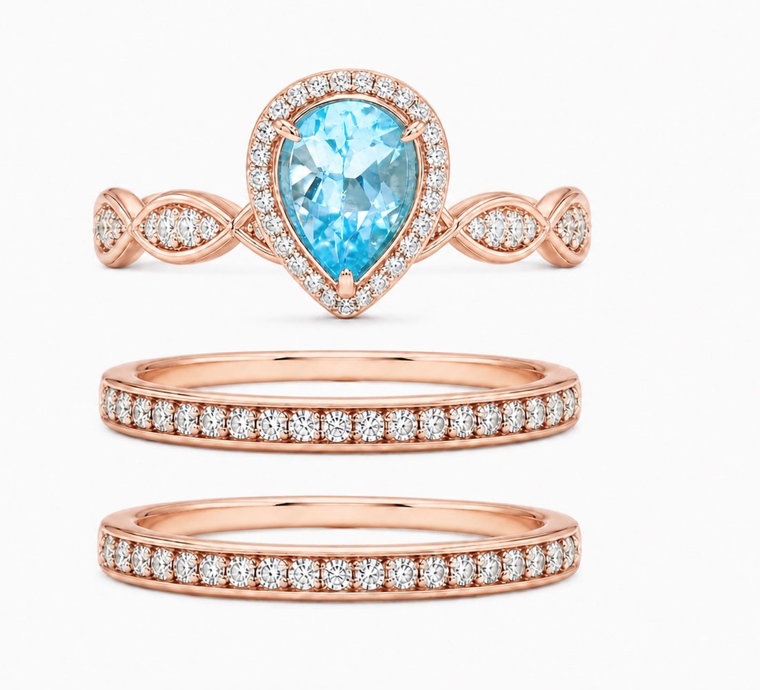 GENUINE 2.88 Cts BLUE TOPAZ & W/SAPPHIRE SET 3 RING 14K ROSE GOLD PLATED (.925)