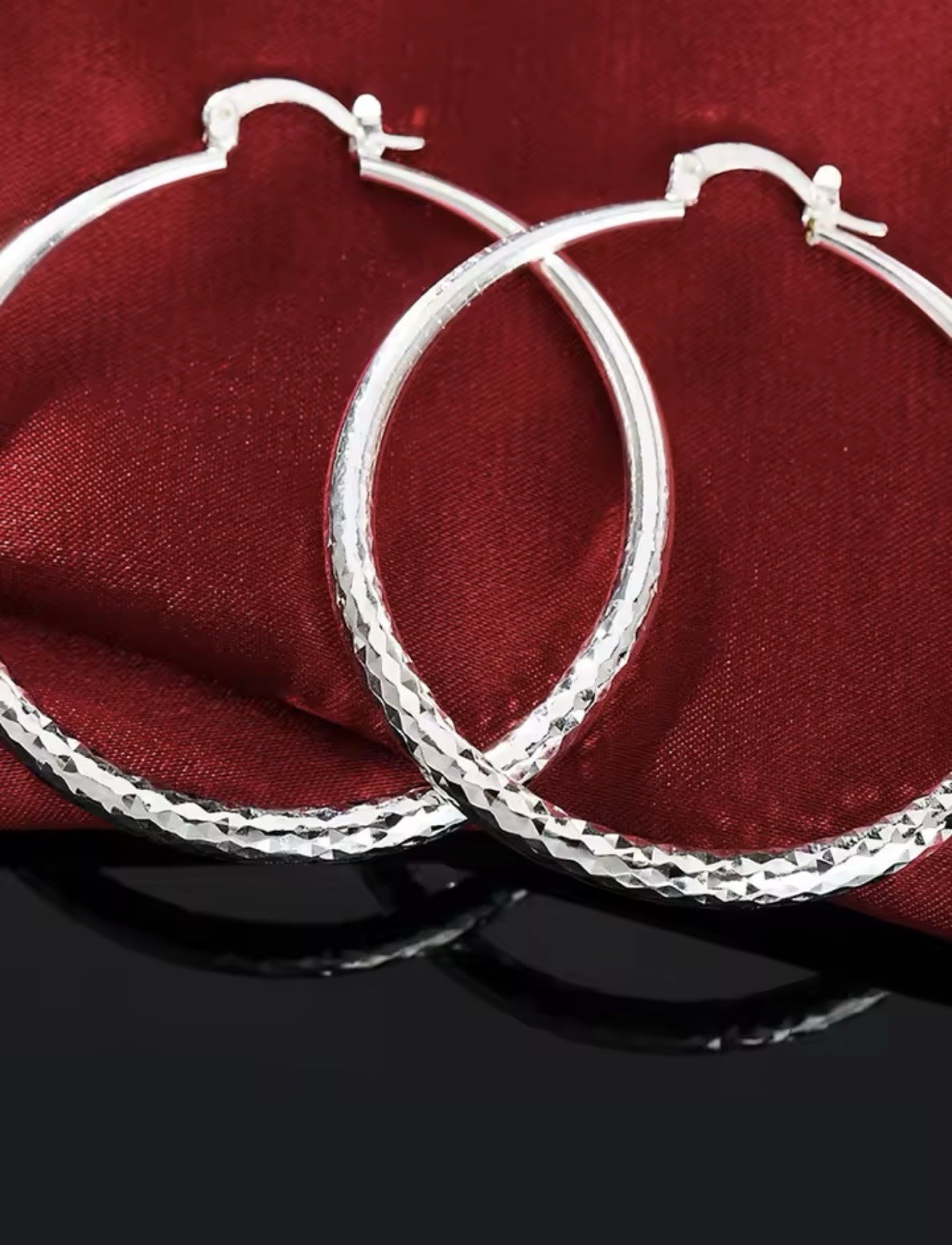 5CM ROUND HOOP DIAMOND CUT 925 SILVER PLATED EARRINGS LIGHT WEIGHT 2”