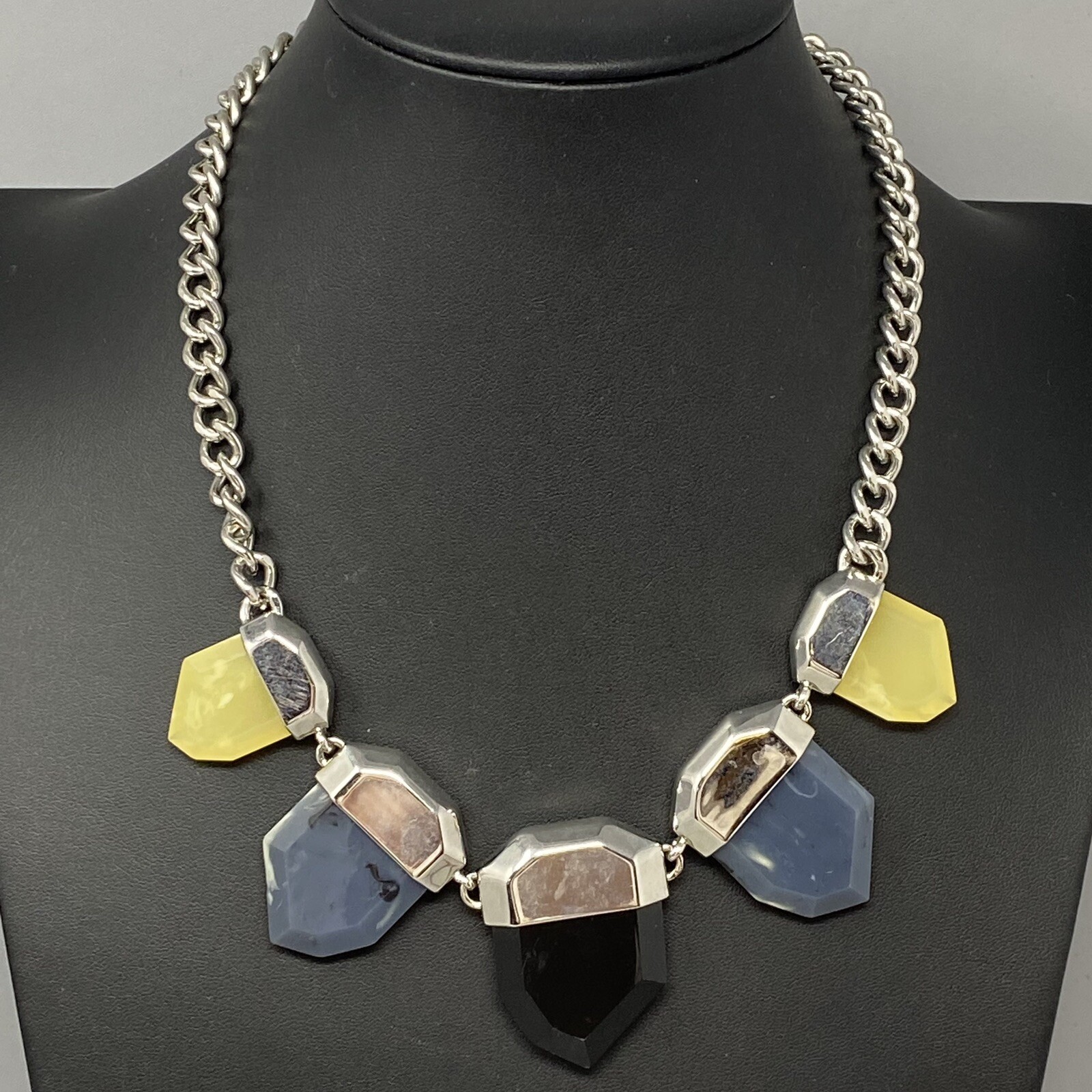 Designer Necklace Gray Black Yellow Faux Stone Acrylic French Connection Chunky