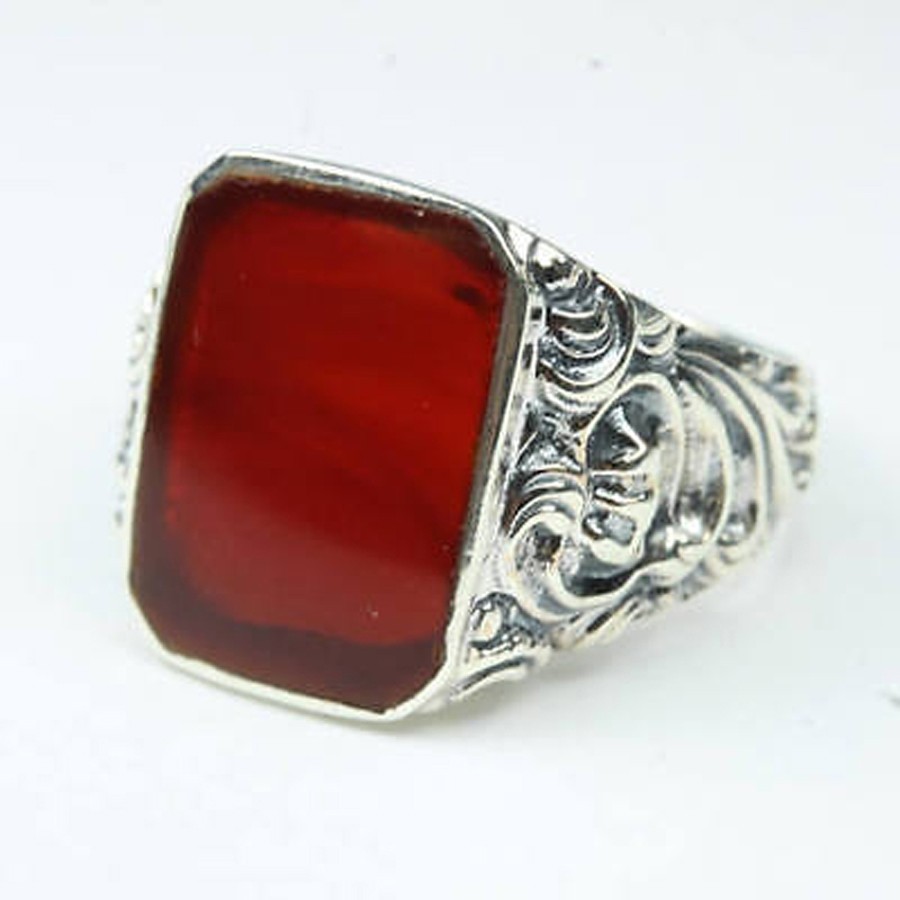 Solid 925 Sterling Silver Natural Flat Red Carnelian Gemstone Men’s Unisex Ring