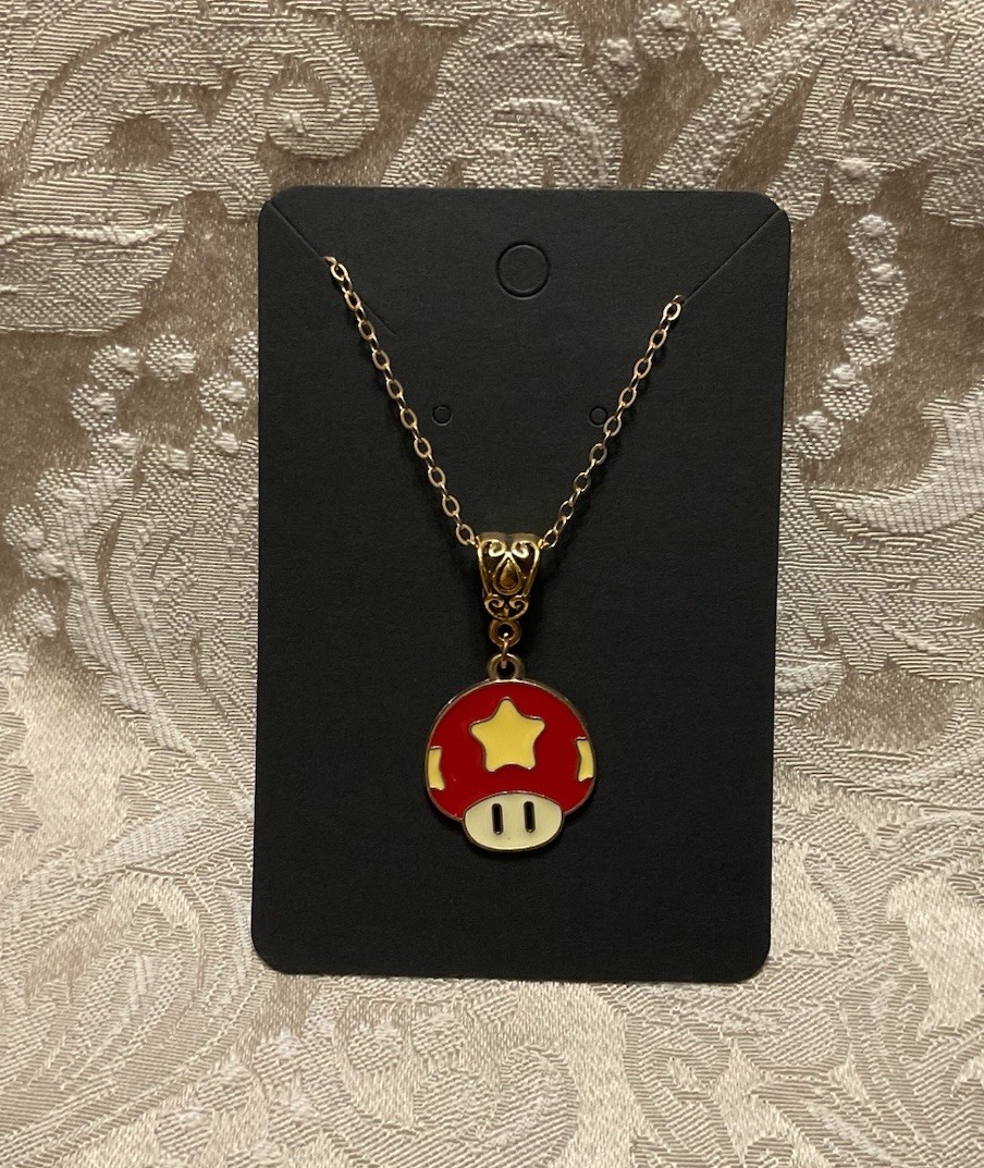 Mushroom Mario Luigi Cartoon Video Game Enamel Charm Gold Adorable Necklace 18”