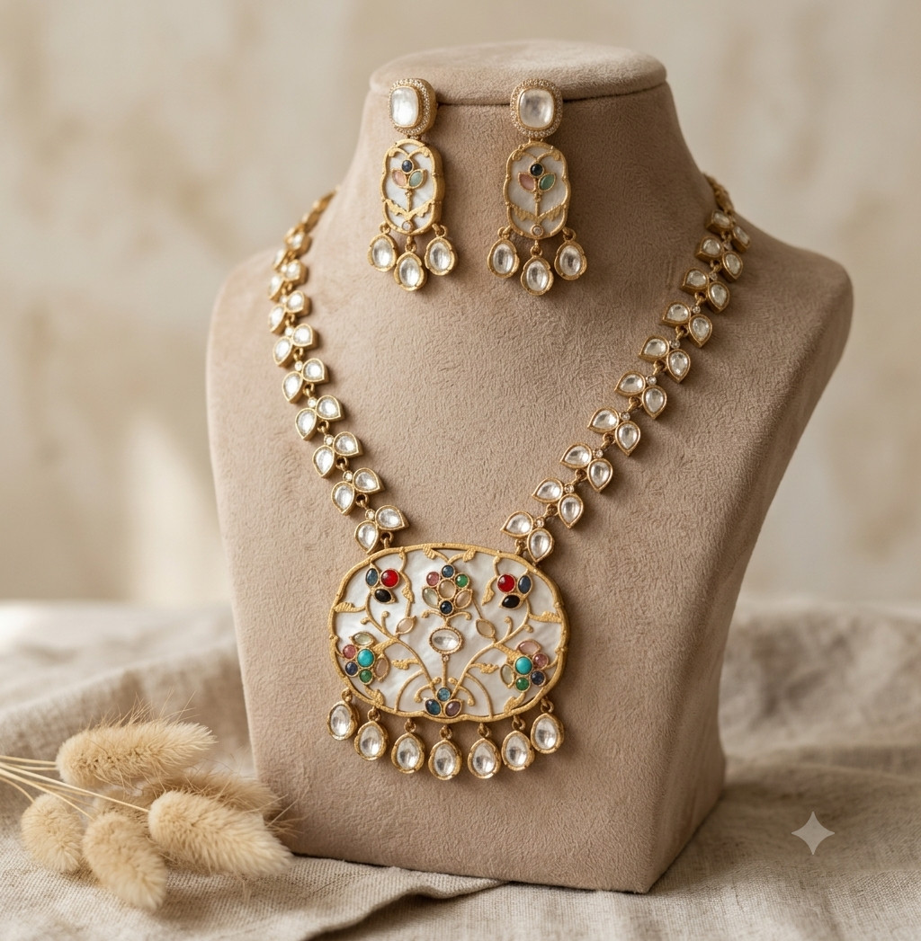 Zimal White Heritage Kundan Inlay Necklace Set Roz Jewellers.
