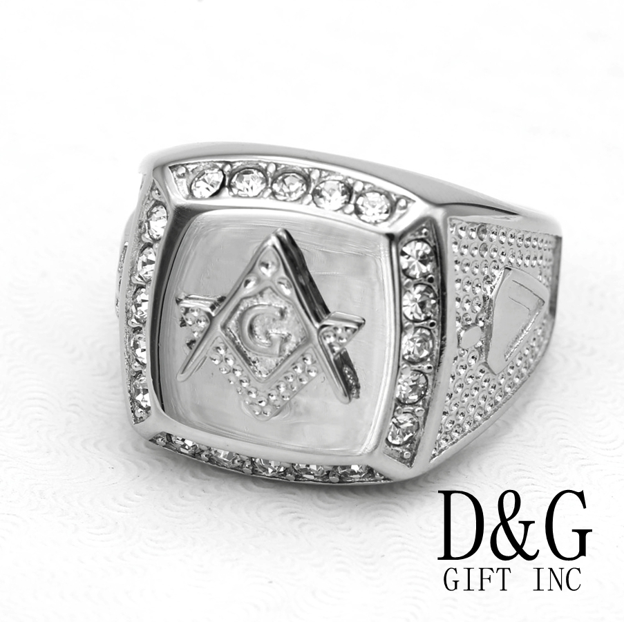 DG Men’s Stainless Steel,Masonic Cubic Zirconia Ring Size 8 9-13 High Polish BOX