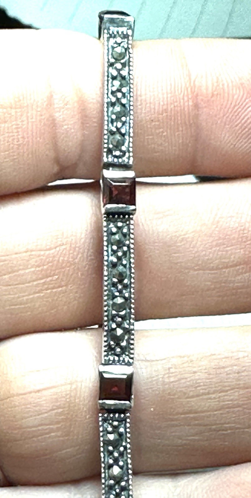 Vintage Sterling Silver Marcasite & Garnet/Ruby Bracelet 7″