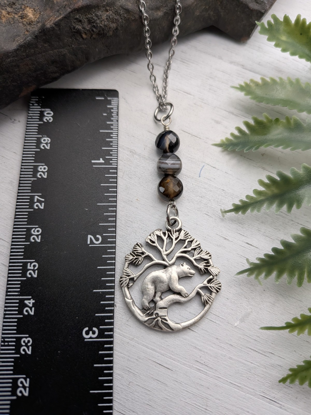 Silver Bear Pendant Necklace With Black And Brown Beads, Nature Themed