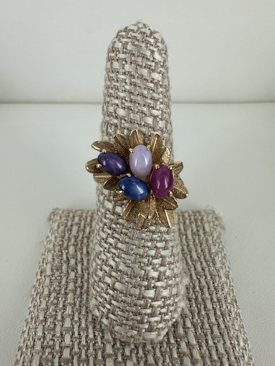 Vintage 14k Gold Linde Star Sapphire Ruby Cluster Floral Cocktail Ring 7