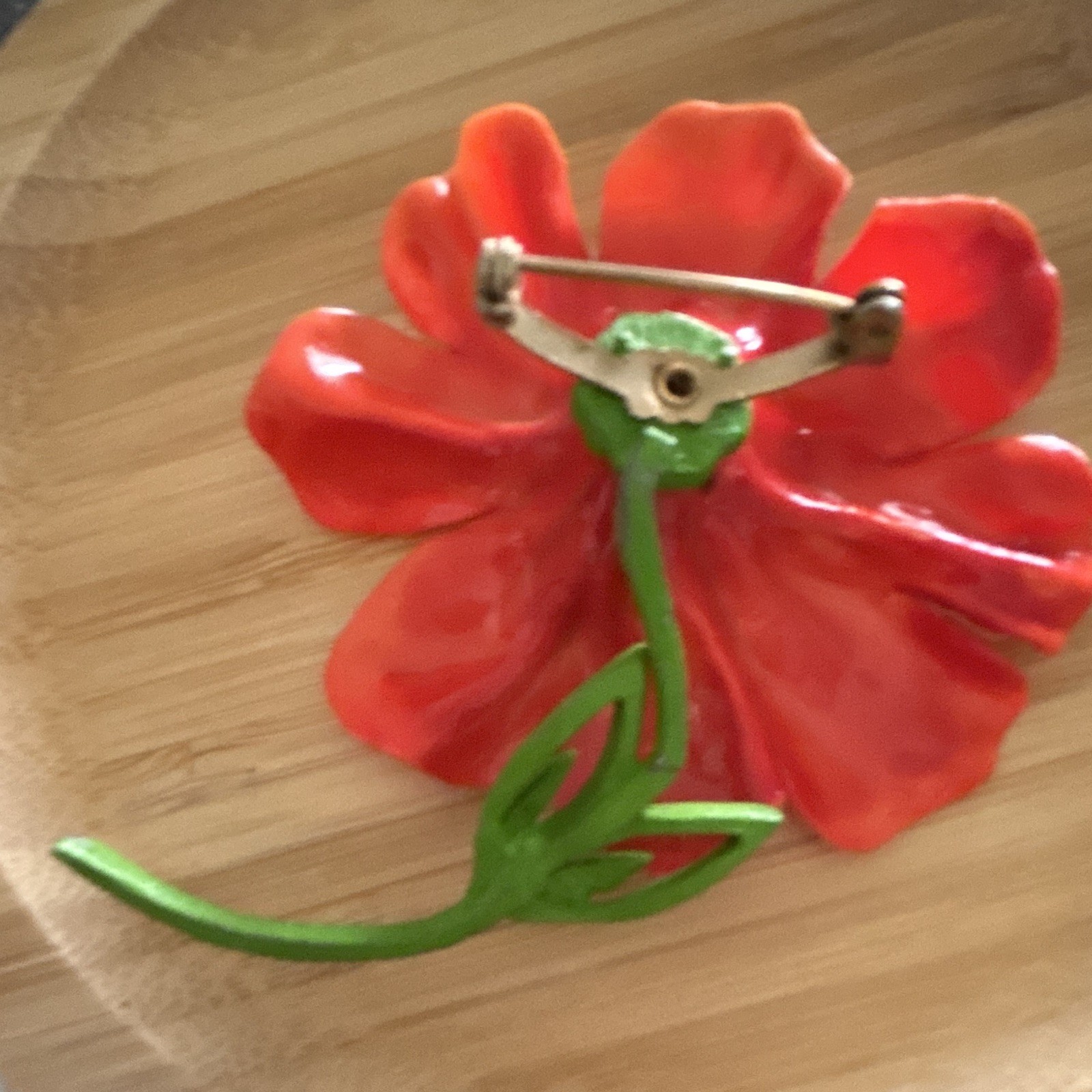 Vintage Red & Green Delicate Plastic Flower Brooch Pin Yellow & Black Accents