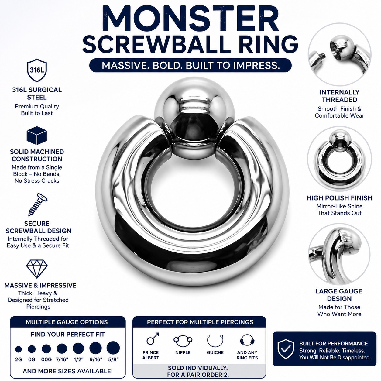 Monster Screwball Rings, Surgical Steel Prince Albert Stretched Piercing Jewelry