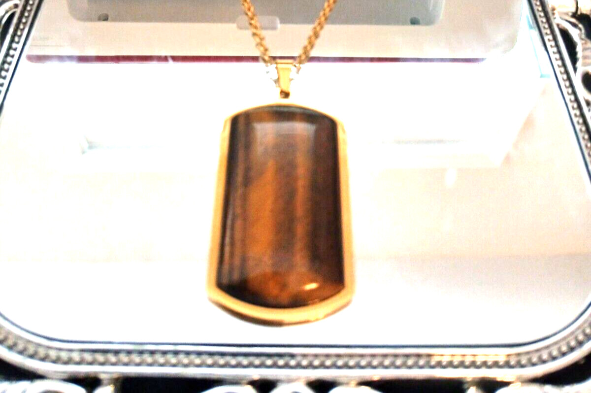 14K OVER 50CT ILLUMANATE GEN TIGERS EYE DOG TAG NECKLACE 20-30IN ADJ + BONUS W/P