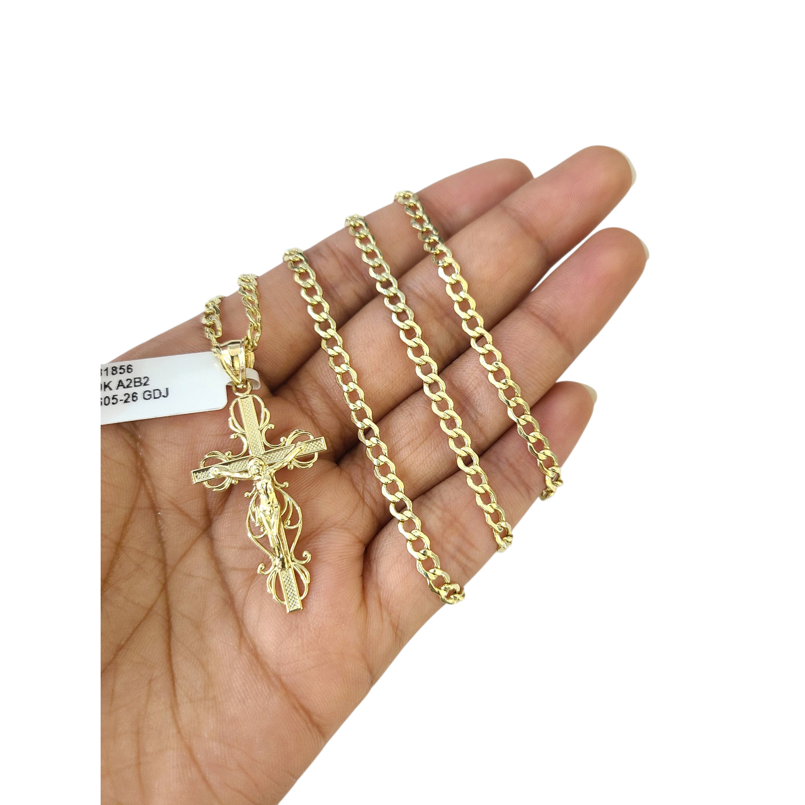 10K Gold Cuban Curb Link Chain Necklace Filigree Cross Pendant Set 3mm 18″–24″