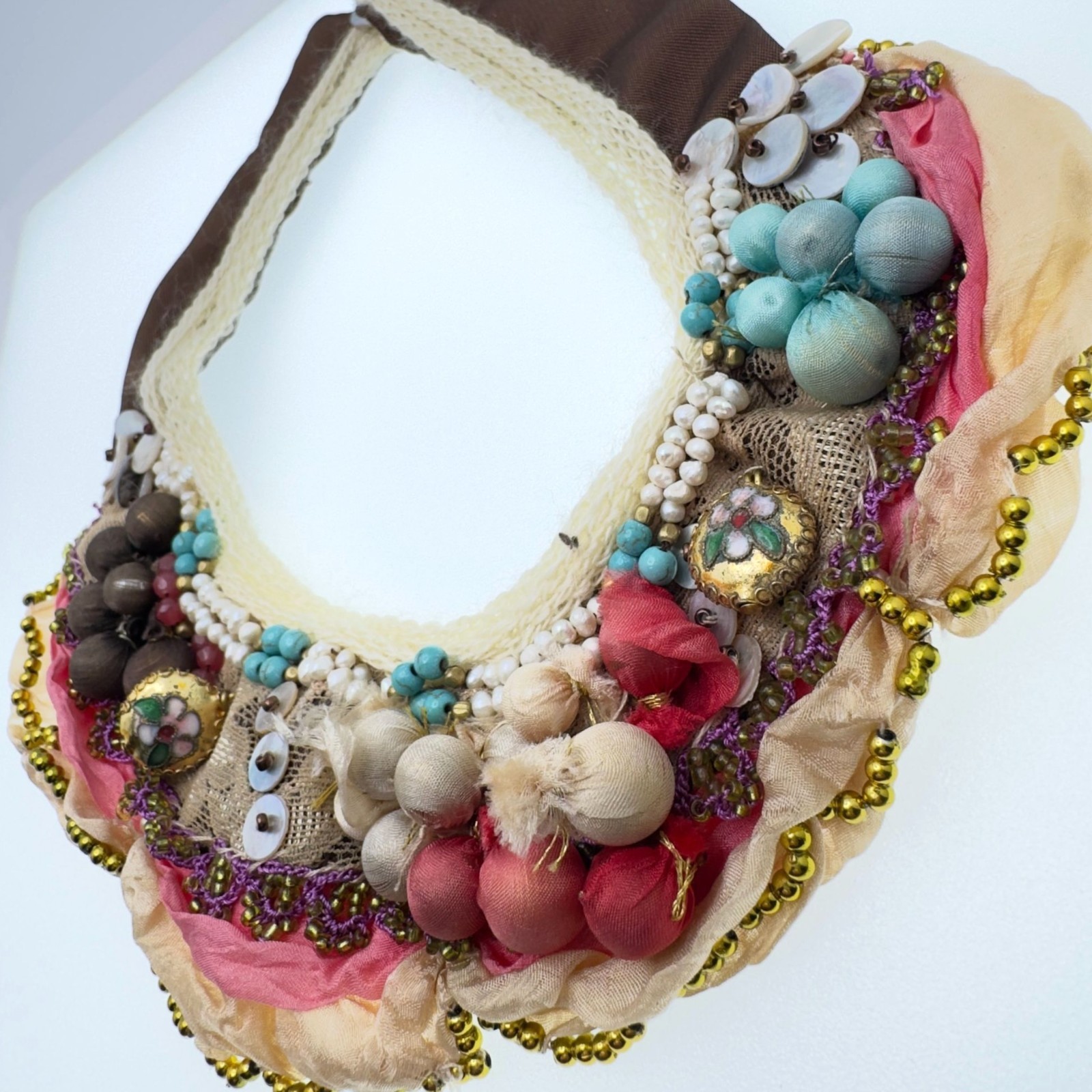 Boho Handmade Turkish Bib Collar Statement Necklace Rustic Fiber Lace Fabric