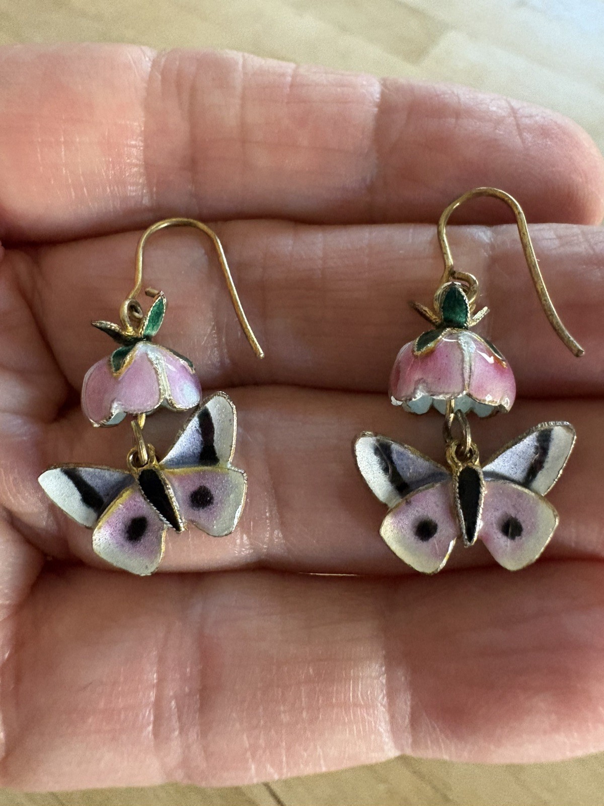 Dangly enamel sterling 925 vermeil unique butterfly in flower earrings