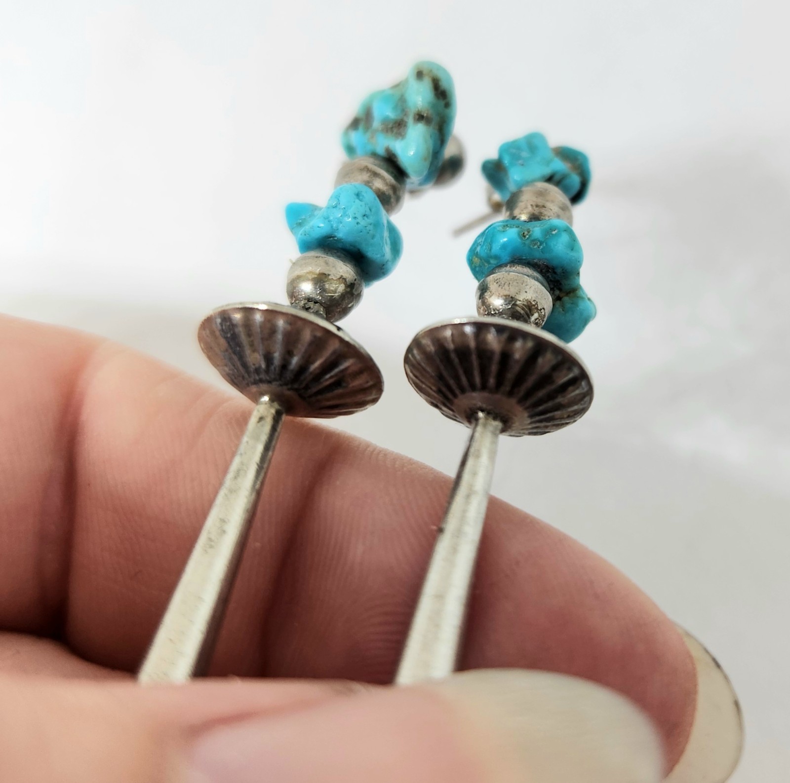 3.25″ Long! Old Pawn Vintage Sterling Silver Turquoise Squash Blossom Earrings