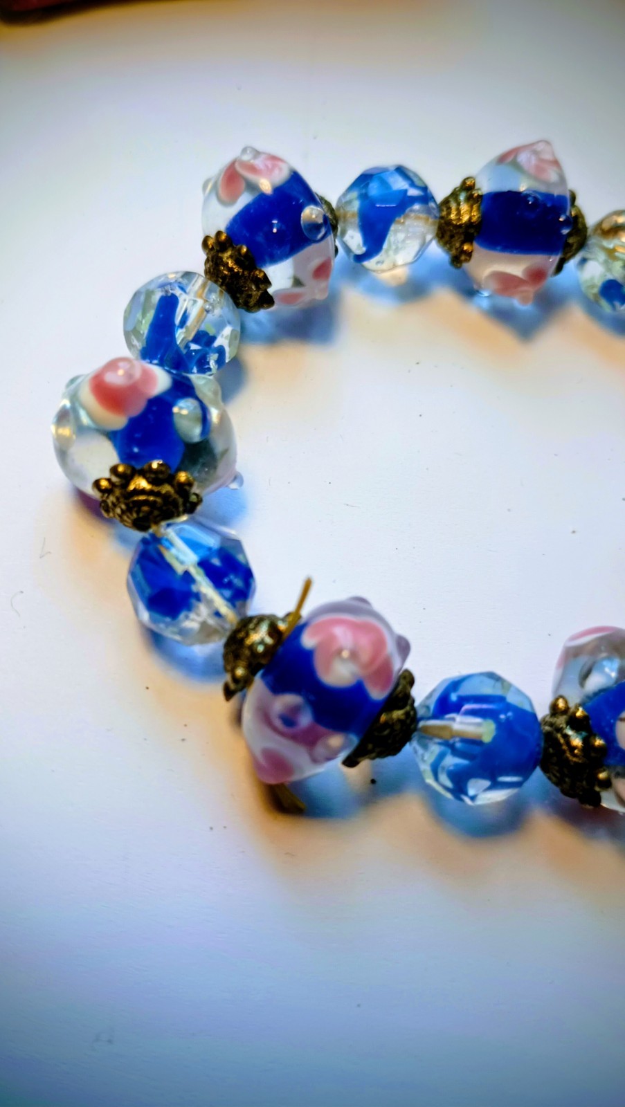 MILLEFIORI FLORAL Glass Beads Pink Blue Stretch Bracelet 7”