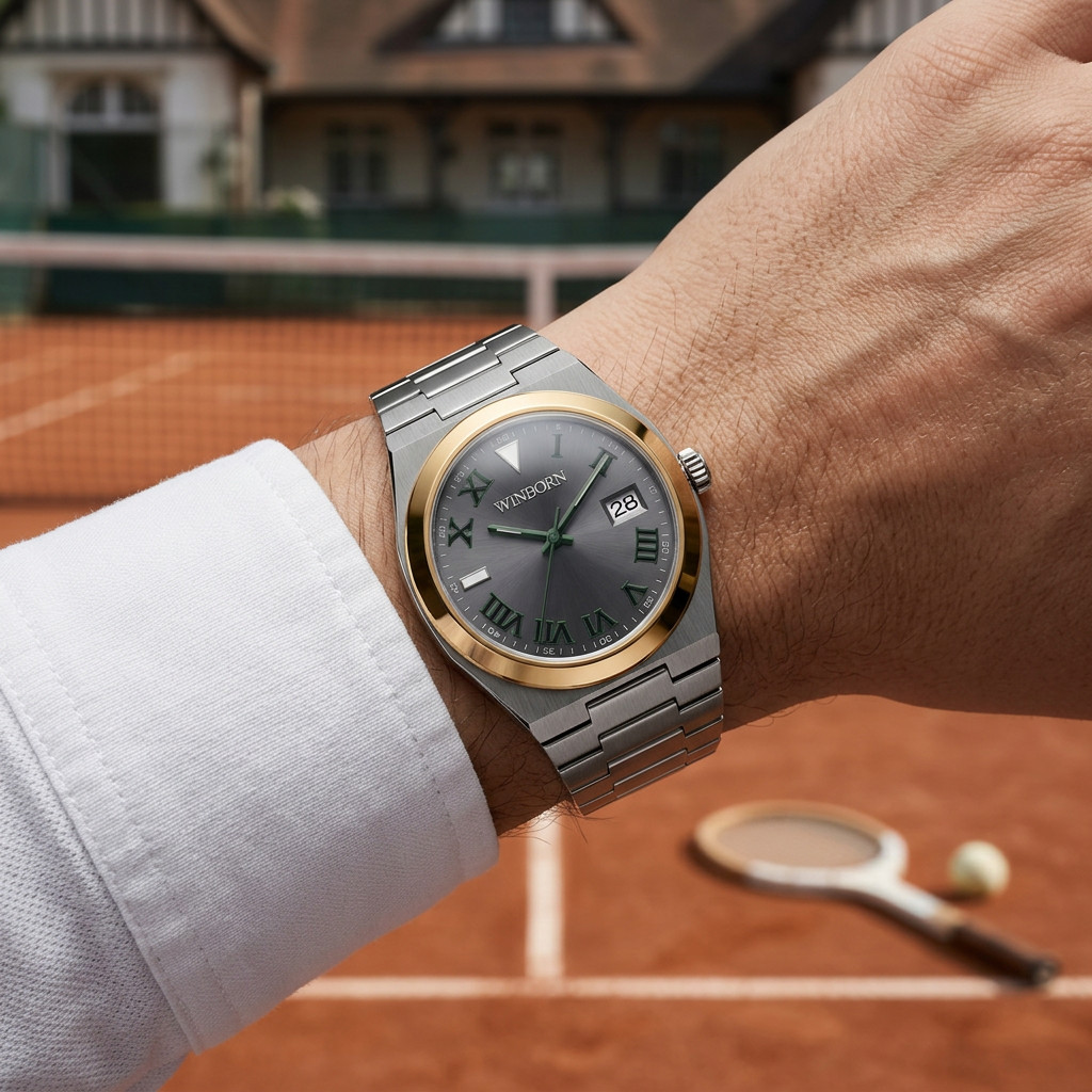 WINBORN Grey Dial Roman Numeral Date Watch Gold Bezel Silver Bracelet