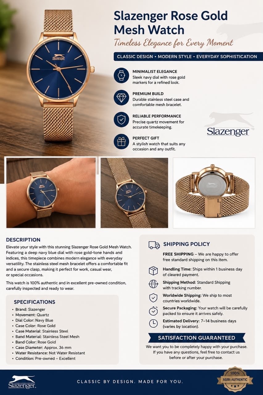 Slazenger Rose Gold Mesh Watch Blue Dial Quartz Analog Women’s Wristwatch