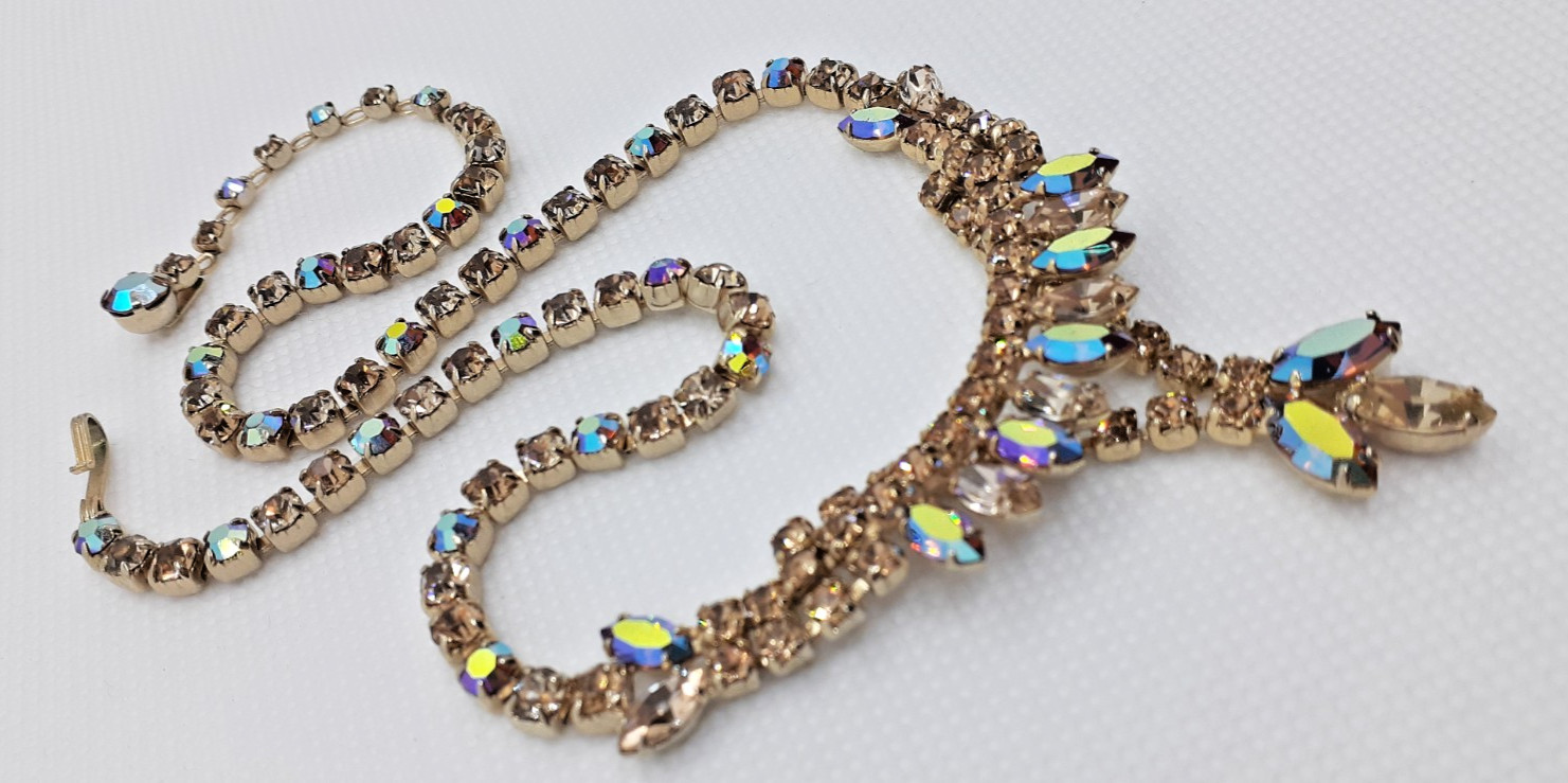 VTG SHERMAN Gold Semi-Rigid Swarovski Light Colorado & AB’s Necklace & Earrings