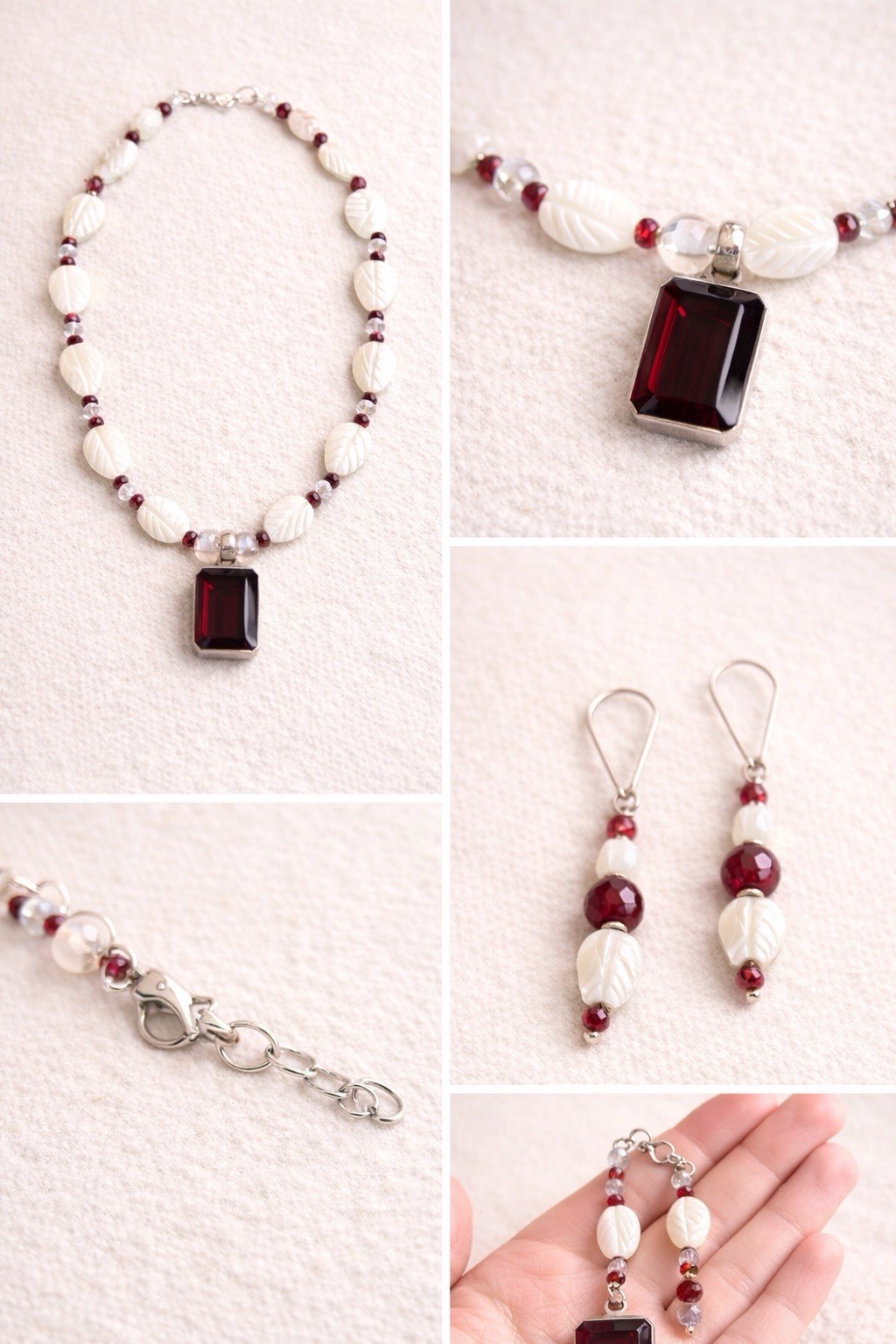 Garnet Necklace Pendant , Abalone Necklace18”/ Earrings 1.5” Special Occasion