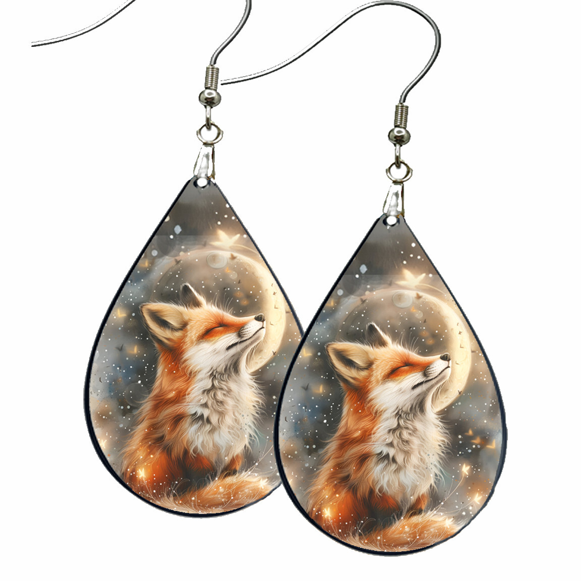 Crescent Moon Starry Sky Fox Earrings Teardrop NO TARNISH Wood Wildlife Gift