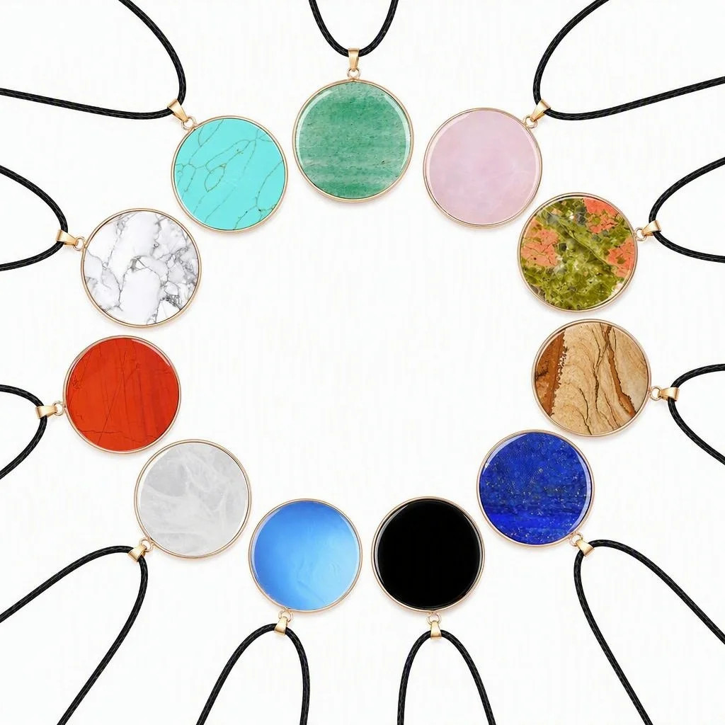 6PCS 30mm Round Natural Gemstone Pendant Necklace Gold Healing Crystal