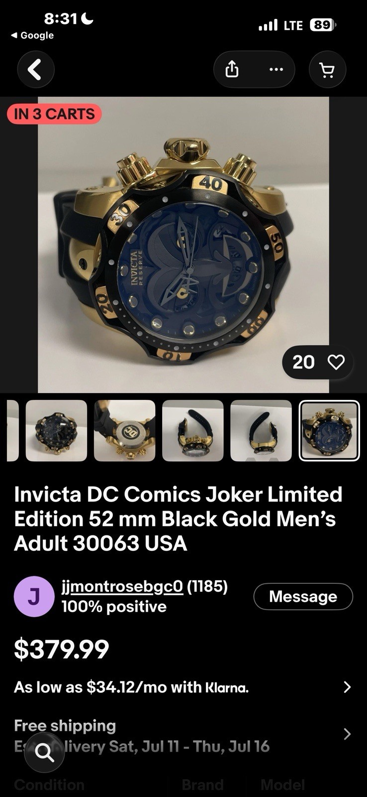 Invicta Reserve Venom DC Comics Joker Gold Plated Black 52mm Swiss Mvt Watch New