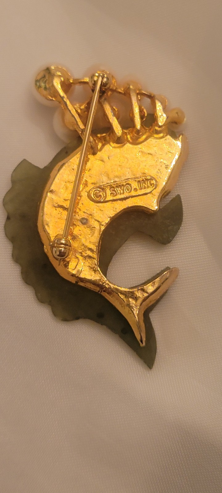 Vintage Swoboda Extremely Rare Carved Jade And Pearl Blowing Koi Fish Brooch