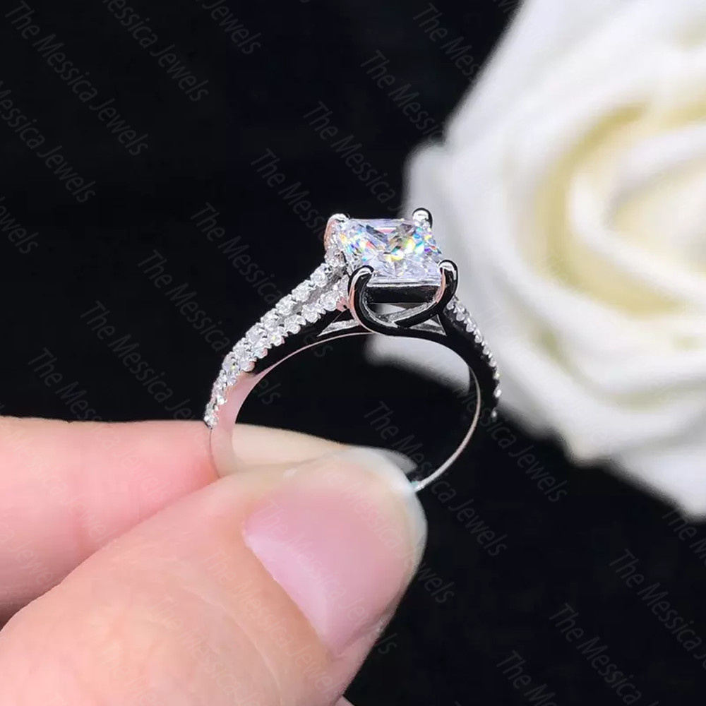 2.0 TCW Princess Cut Moissanite Split Shank Engagement Ring 925 Sterling Silver