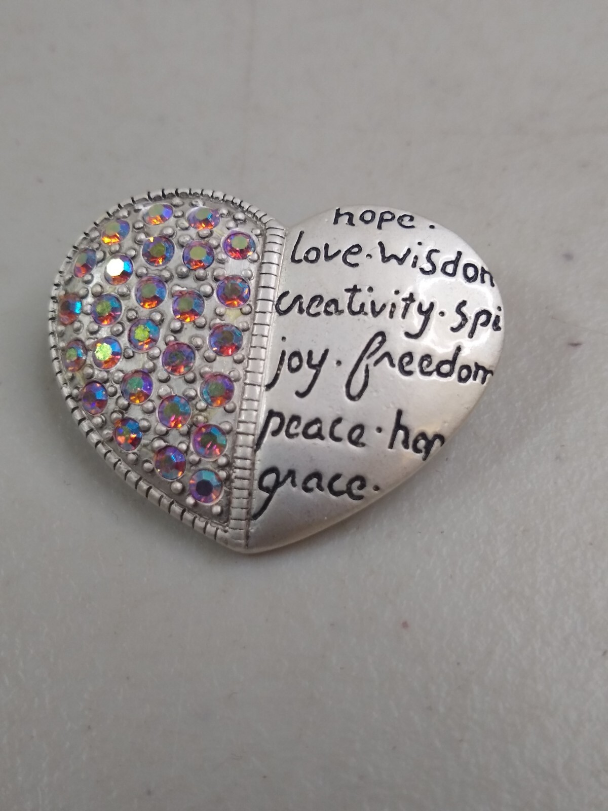 Signed AJMC Silver Tone Crystal Encouragement Love Heart Pin Brooch Broach Faith