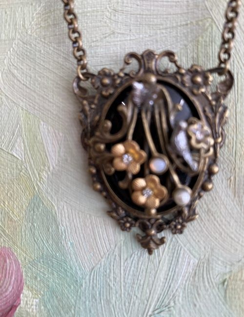 Sweet Romance Necklace Victoria Brass Black Floral Beads Crystal