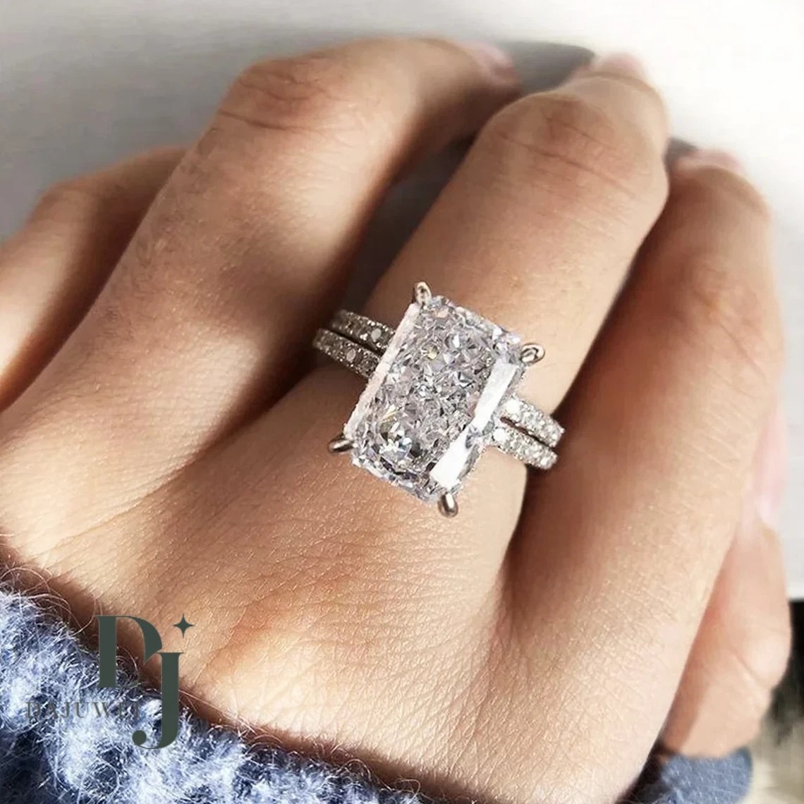 3.00 CT Radiant Cut Moissanite Ring Set Engagement and Wedding Band 925 Silver
