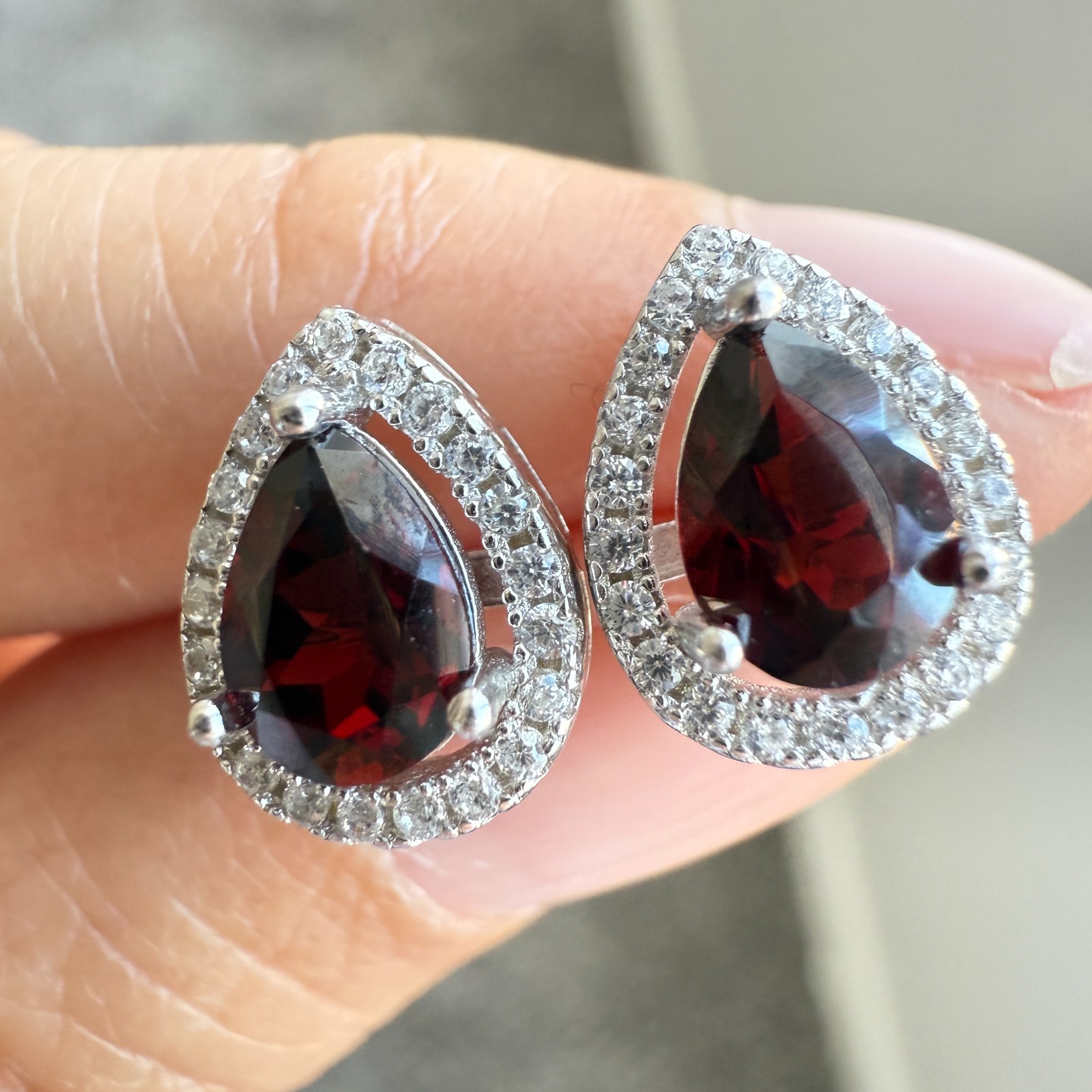 925 Sterling Silver Earrings 7x5mm Rhodolite Garnet Zircon Teardrop Handmade Red