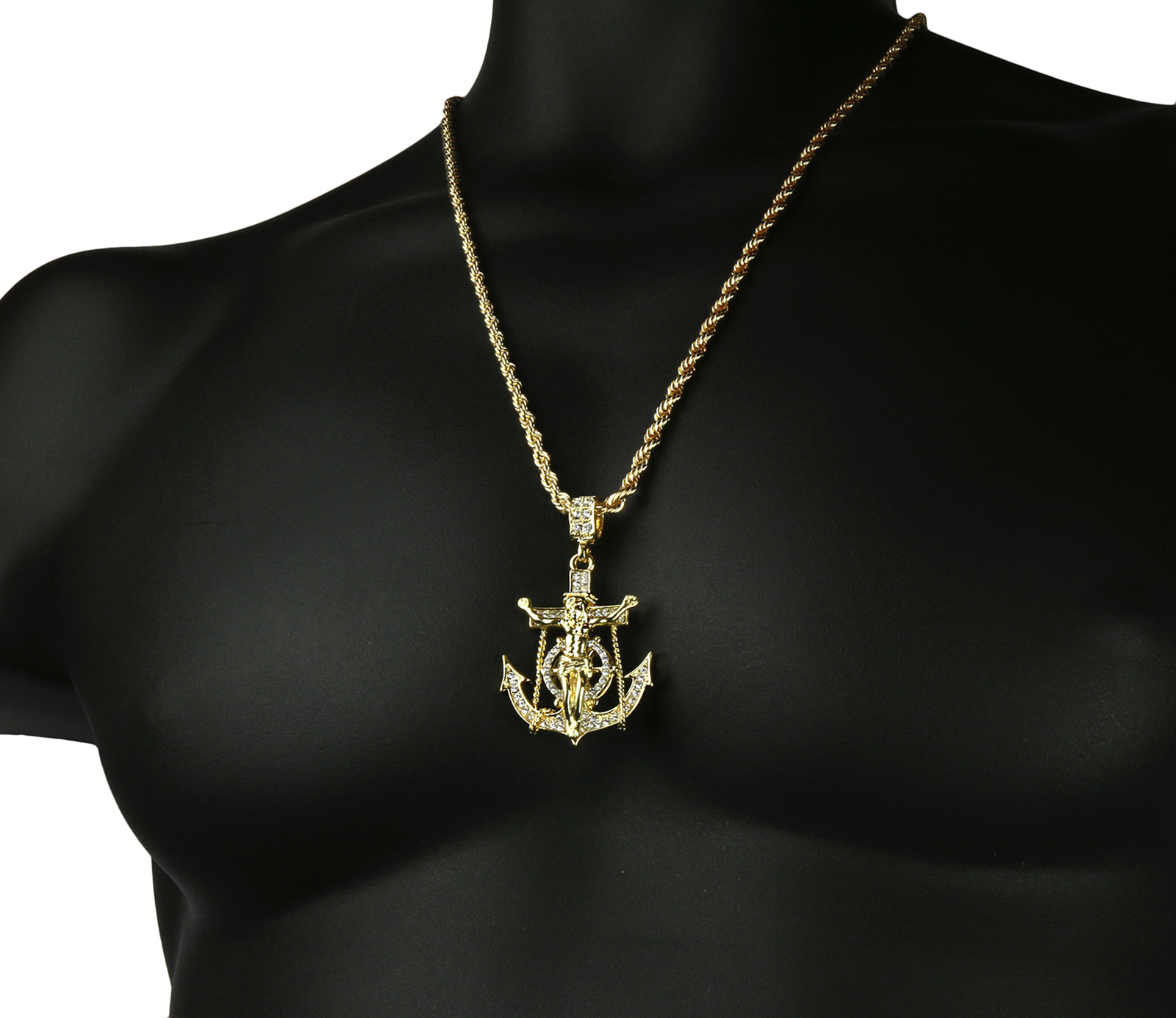 Mens Hip Hop 14k Gold Plated Jesus Hook Pendant Cubic-Zirconia 24″ Rope Chain