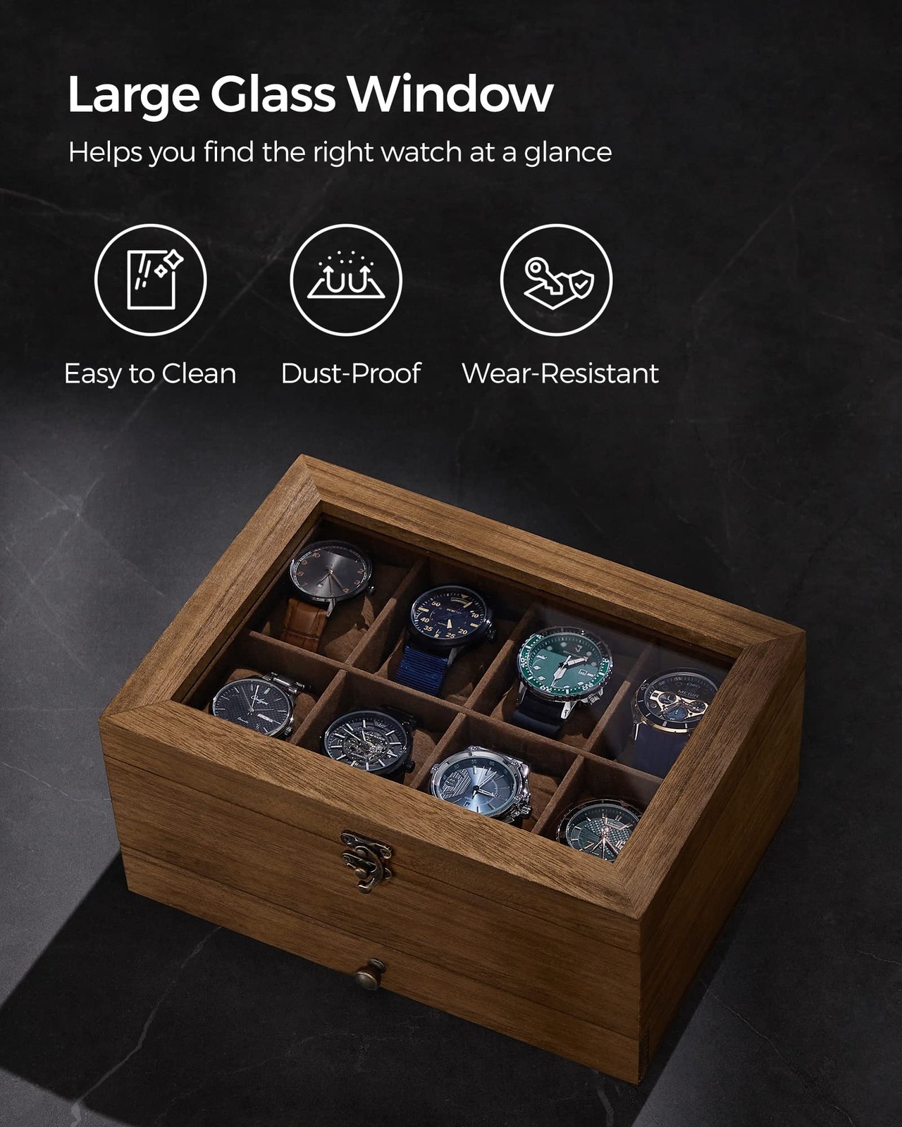 SONGMICS 8-Slot Watch Box, 2-Tier Watch Display Case with Large Glass Lid, Re…
