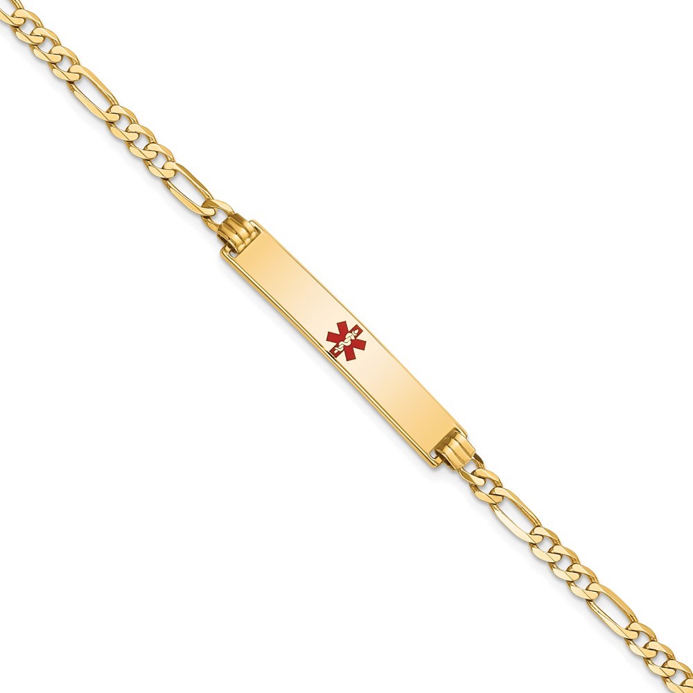 14K Yellow Gold Solid Chain 34x6mm Red Enamel Flat Figaro Link Charm Bracelet 8″