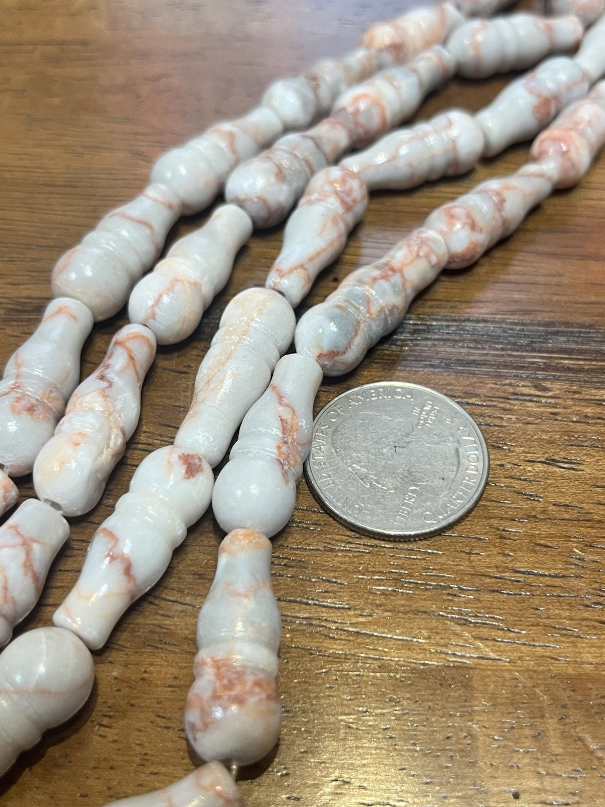 Old Stock Red Stripe Marble Gemstone 30mm Carved Beads 14in Strand