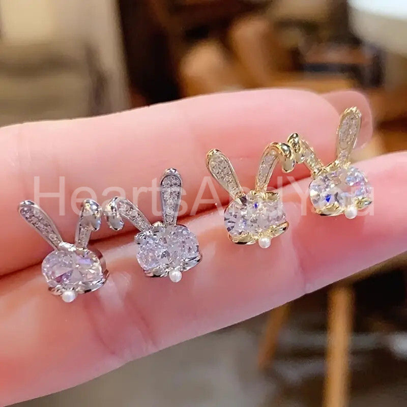 2ct Oval Cut Moissanite Rabbit Bunny Stud Party Earrings 14K White Gold Plated
