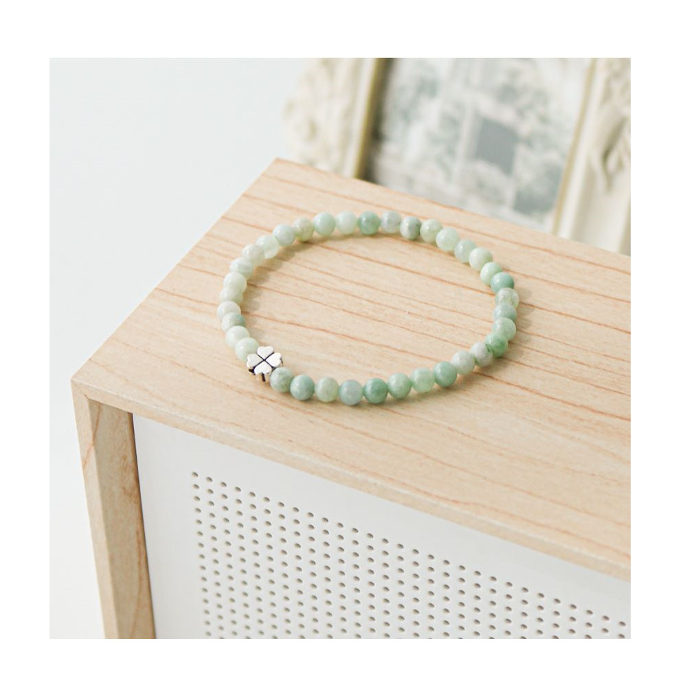 Natural Jadeite Bracelet 4mm 925 Silver Four Leaf Clover Lucky Talisman Beads
