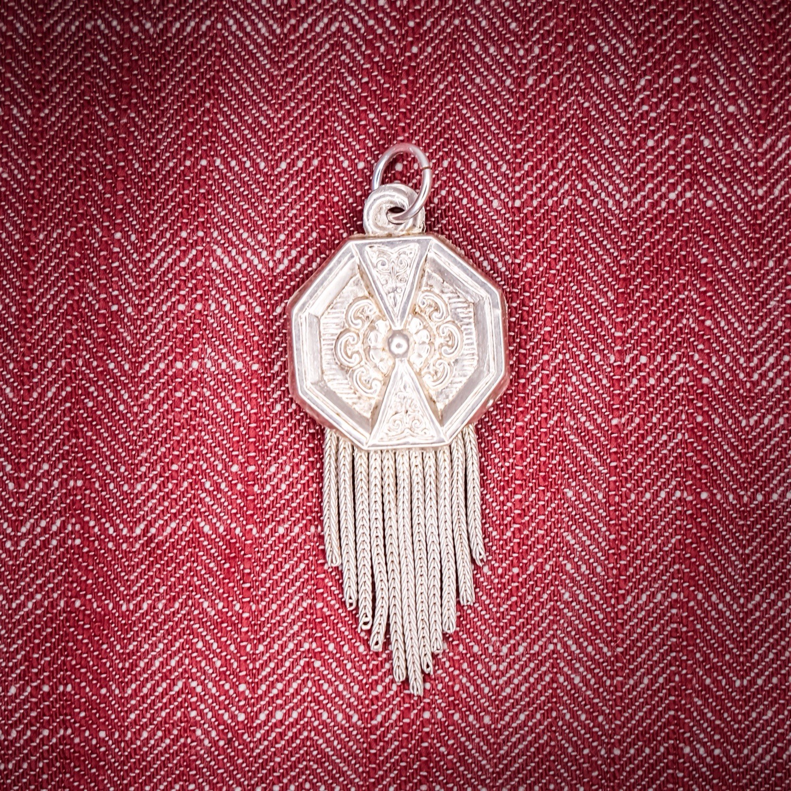 Antique French Puffy Tassel Charm Sterling Silver Die Struck Engraved Octagon