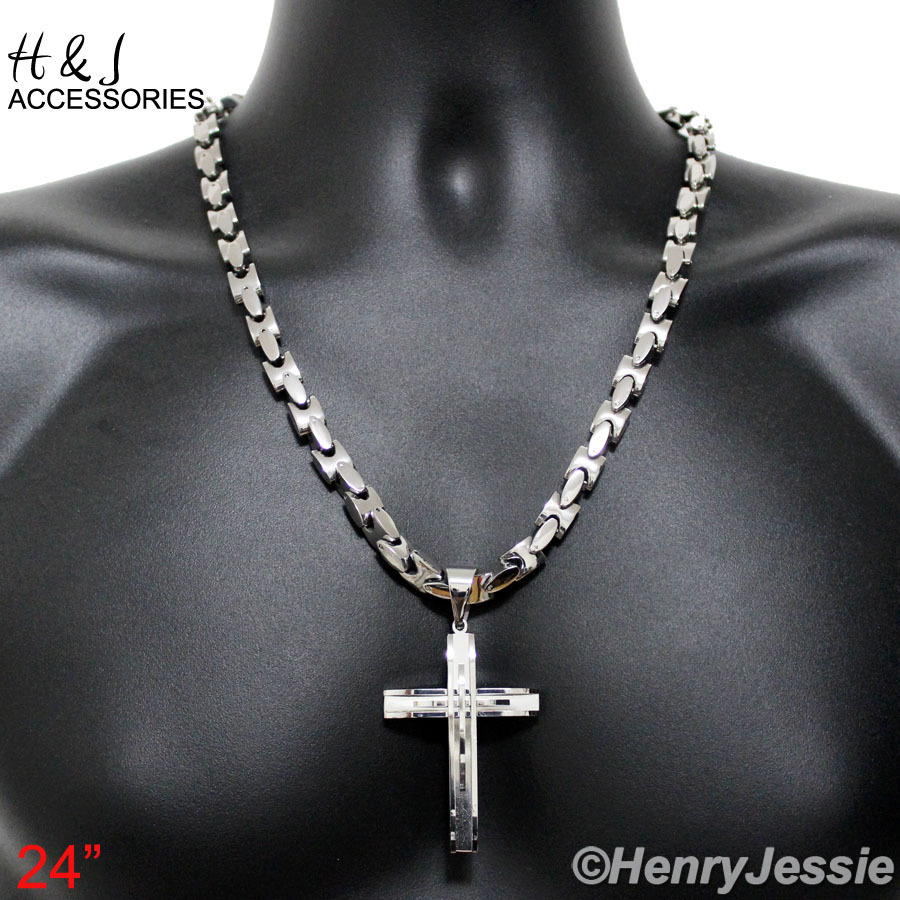 24″MEN 316L Stainless Steel HEAVY 8mm Interlock Bones Link Chain Cross Pendant*A